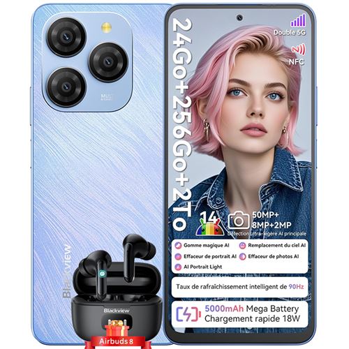 Blackview Shark 9 Smartphone Débloqué 5G Téléphone Portable Android 6.67 24Go+256Go 5000mAh 50MP NFC Bleu avec Blackview Airbuds 8