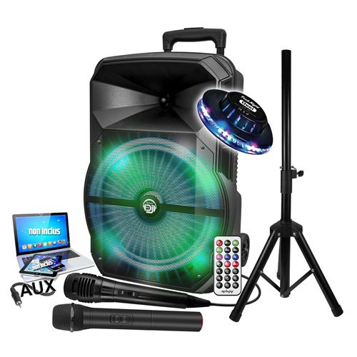 Non Communiqué Enceinte Sono Karaoké Mydj Mdj12 Rvb À Leds, 600W 12" Usb, Bluetooth, Pc, Application Micros Vhf Et Filaire, Support, Ovni