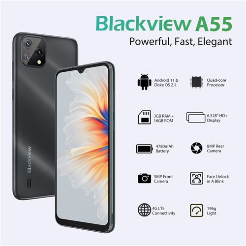 Blackview A55 Smartphone Pas cher 6.53 Ecran 3Go RAM 16Go ROM Double SIM  Téléphone portable 4780mAh Batterie GPS - Mojito