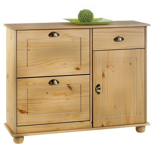 Meuble à chaussures COLMAR armoire rangement avec 2 abattants 1 tiroir et 1 porte avec 1 étagère, en pin massif finition cirée