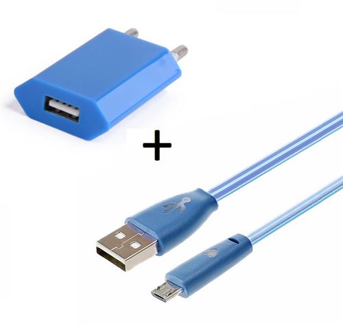 Pack Chargeur Pour Huawei Ascend P8 Lite Smartphone Micro Usb (cable Smiley Led + Prise Secteur Usb) Android Connecteur (bleu)