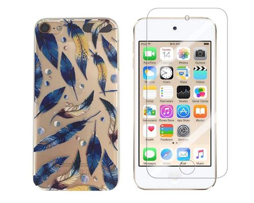 Novago Compatible avec iPod Touch 5, Touch 6 Coque Gel imprimée Solide résistante +1 Verre en Verre trempé Transparent résistant (Plumes bleues)