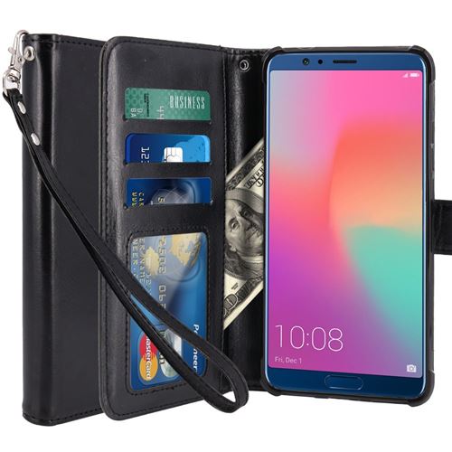 Huawei View V10 Housse Coque Etui de luxe Portefeuille Porte Carte Et Billet (avec support integré) Noir