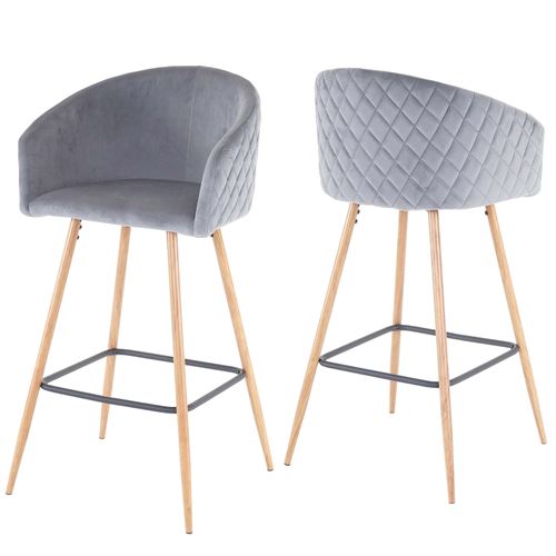 Mendler 2x tabouret de bar HWC-D72, chaise bar/comptoir, avec dossier, tissu ~ velours, gris