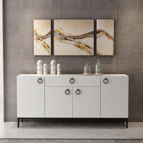 HOMEMANIA Meuble de rangement multi-usages Moon - avec Portes, Étagères, Tiroir - pour Salon, Entrée, Chambre - Blanc en Bois, 160 x 42 x 75 cm