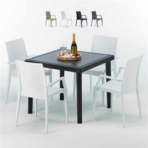 Table Carrée Noire 90x90cm Avec 4 Chaises Colorées Grand Soleil Set Extérieur Bar Café ARM BISTROT PASSION, Couleur: Blanc