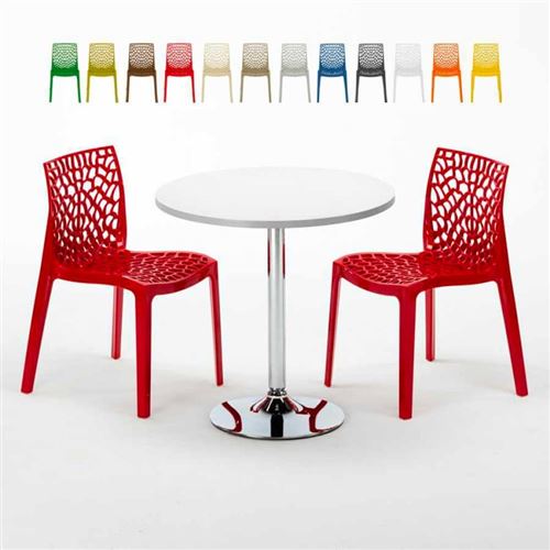 Table Ronde Blanche 70x70cm Avec 2 Chaises Colorées Grand Soleil Set Intérieur Bar Café Gruvyer LONG Island, Couleur: Rouge