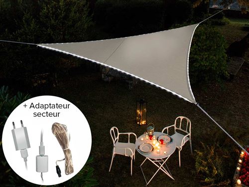 Voile d'ombrage triangulaire Leds solaires Taupe + Adaptateur - Jardiline