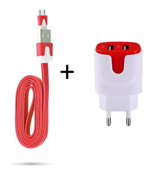 Pack Chargeur Pour Huawei P10 Lite Smartphone Micro-usb (cable Noodle 1m Chargeur + Double Prise Secteur Couleur Usb) Android (rouge)