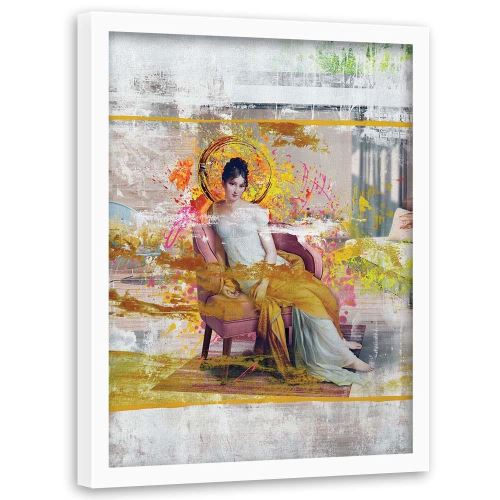 Feeby Tableau Décoration murale cadre blanc Image encadrée, Dame dans une chaise 50x70 cm