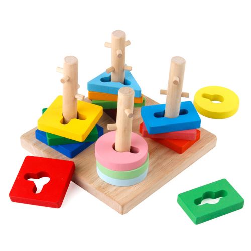 4 Colonnes Géométriques Blocs de Construction pour Enfants Jouets Éducatifs pour Enfants de Jouets en Bois Multicolore PT356