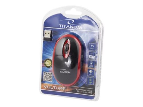 Titanum VULTURE - Muis - optisch - 3 knoppen - draadloos - 2.4 GHz - USB draadloze ontvanger - rood