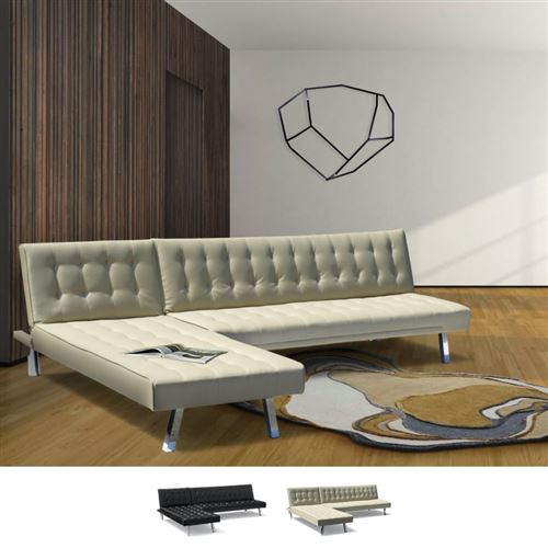 Canapé d'angle Clic Clac convertible avec péninsule 3 places faux cuir Zircone, Couleur: Beige