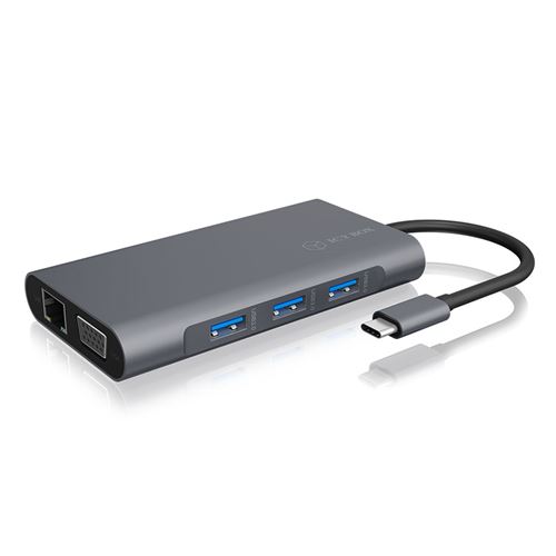 ICY BOX USB-C Dock avec hub HDMI, USB 3.0, Power Delivery, LAN, Lecteur de Cartes, Audio, VGA pour MacBook et Ordinateur Portable