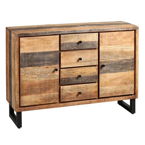 Odilon - Buffet 2 Portes 4 Tiroirs Acier et Bois Massif