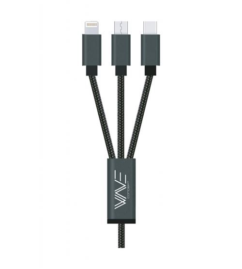 Wave Concept - Câble Data - Nylon Elégance 3en1 = Lightning + Micro Usb + Usb-c Noir