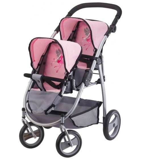 Bayer poussette landau jumeaux pour poupée - gris/rose
