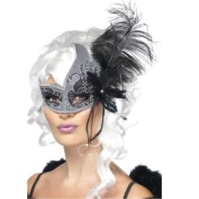 Loup vénitien ange noir avec grande plume noir adulte taille unique