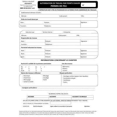 Permis de feu - documents réglementaires autocopiants par lot de 50 liasses de 2 feuillets