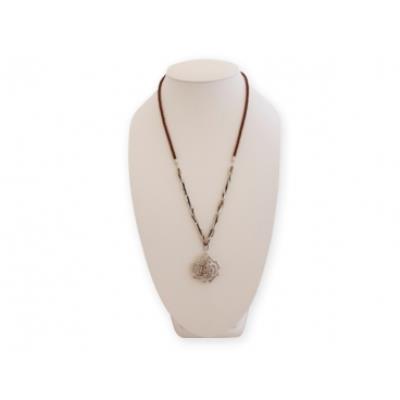Collier long fleur argentée et faux diamants bijou fantaisie pas cher pendentif