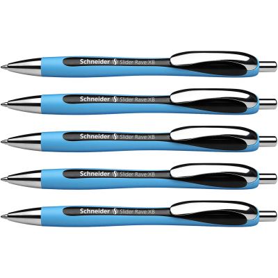 Schneider Slider Rave XB (rétractables et rechargeables) Lot de 5 Stylos à bille, Encre noir indélébile