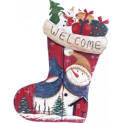 Chaussette décorative en bois - motif Bonhomme de neige