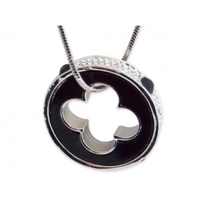 Collier 80 cm pendentif anneau noir et strass perforé trèfle bijou fantaisie pas cher pendentif