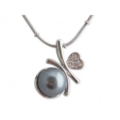 Tour de cou argenté pendentif sphère grise nacrée et coeur strass bijou fantaisie pas cher pendentif