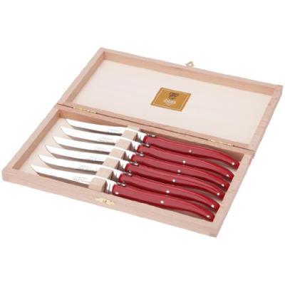 CLAUDE DOZORME 2.60.001.74 COFFRET HÊTRE 6 COUTEAUX STEAK LAGUIOLE PLEIN MANCHE NACRINE ROUGE