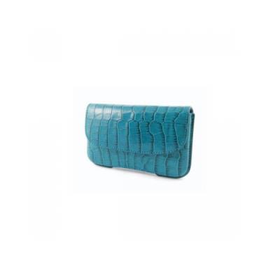 Etui horizontal hautes coutures en cuir facon croco - Couleur turquoise