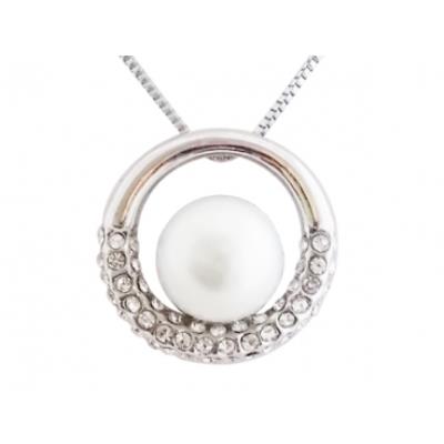 Collier pendentif anneau argenté et strass orné d'une perle blanche bijou fantaisie pas cher pendentif