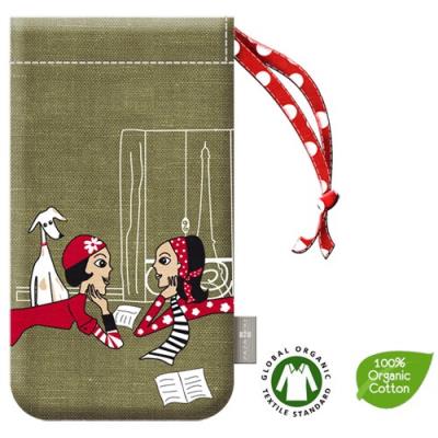 Pochette universelle Zazazou kaki en coton bio avec ruban rouge à pois blancs