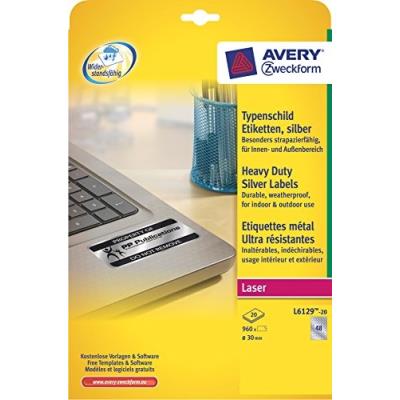 Avery zweckform typenschild-etiketten, durchm.  30mm, silber uv-, tml-, schmutz- und wasserbestndig, matt beschichtete polyeste