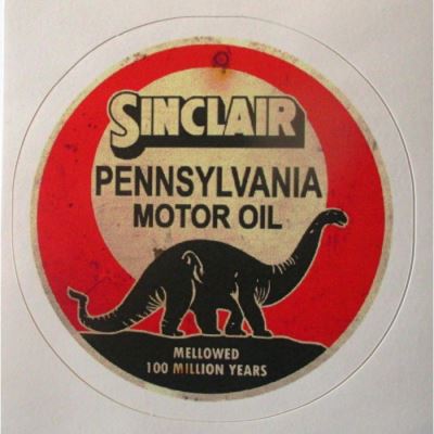 mini sticker sinclair pennsylvania motor oil dinosaure vieillit style ancien 7.5cm autocollant look année 50 rock roll