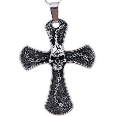 pendentif inox croix et crane pour homme femme rocker