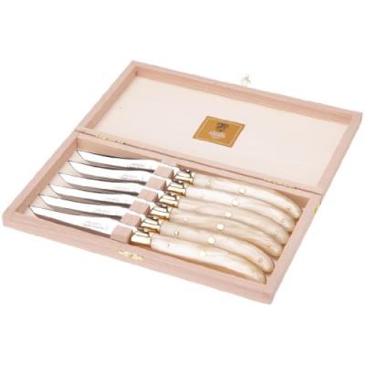 CLAUDE DOZORME 2.60.001.56 COFFRET HÊTRE 6 COUTEAUX STEAK SUPER LAGUIOLE MANCHE NACRINE NATURELLE