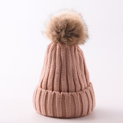 Chapeau de femmes HIVER Bonnet Tricoté Chapeau de ski Détachable Fausse Fourrure Bobble POM Enfant rose