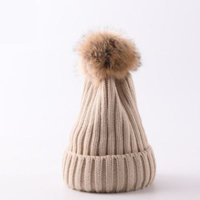 Chapeau de femmes HIVER Bonnet Tricoté Chapeau de ski Détachable Fausse Fourrure Bobble POM Beige-enfants