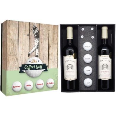 Coffret Golf 4 balles + tee + 2 btles de Bordeaux