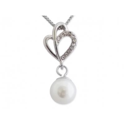 Collier avec double coeur strass et sphère nacrée bijou fantaisie pas cher pendentif