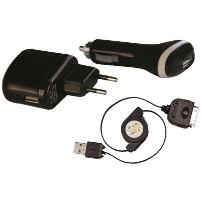 Pack noir chargeur secteur allume cigare cordon rétract pour iPhone 3/4 ou iPod