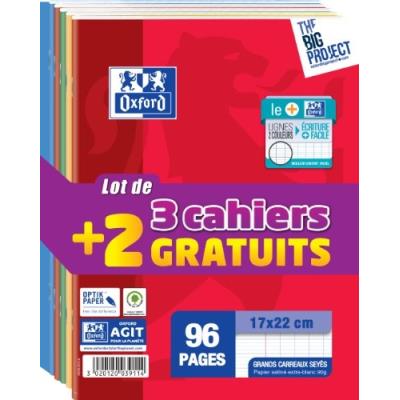 Oxford scolaire cahier agrafé 17x22cm 96 pages 90g lots de 3 cahiers+2 gratuit 400019456