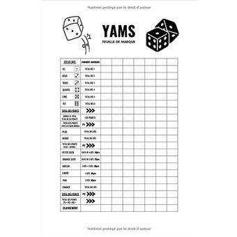 Carnet de points pour vos jeux de dés Yams, avec 200 fiches de score.  Grilles détaillées pour 2 à 6 joueurs.: À vous d'enchaîner les parties ! :  Papillon, Papier: : Livres