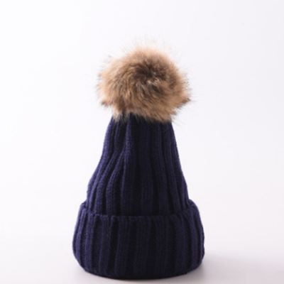 Chapeau de femmes HIVER Bonnet Tricoté Chapeau de ski Détachable Fausse Fourrure Bobble POM Marine - Adulte