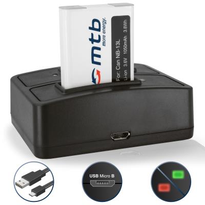 Batterie + Double Chargeur (USB) pour NB-13L NB-13LH / Canon PowerShot G5 X, G7 X, G9 X (3.6V - 1050mAh - avec Infochip) - Cable Micro-USB inclus