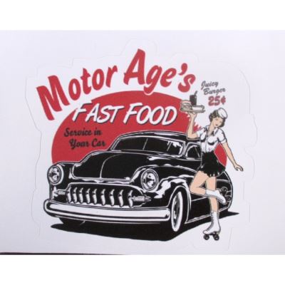 mini sticker pin up et voiture américaine style kustom motor age 8x7 cm autocollant look année 50 rock roll