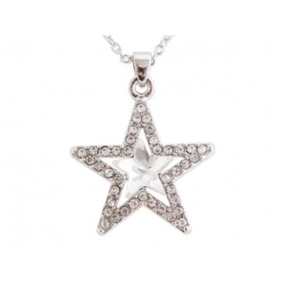 Collier argenté double étoile strass et fausse pierre blanche bijou fantaisie pas cher pendentif