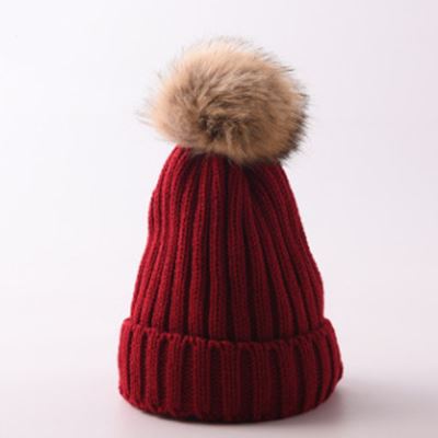 Chapeau de femmes HIVER Bonnet Tricoté Chapeau de ski Détachable Fausse Fourrure Bobble POM Vin rouge - modèles pour enfants