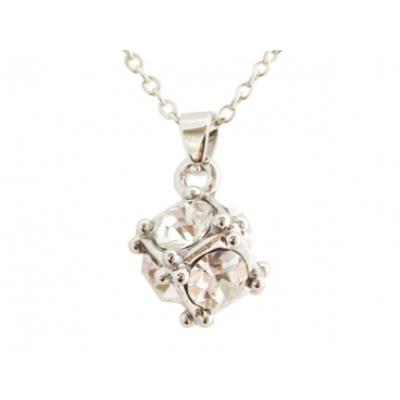Tour de cou argenté pendentif cubique avec 6 gros strass bijou fantaisie pas cher pendentif