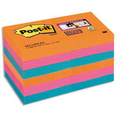 Lot 12 blocs repositionnables STICKY Bangkok 47,6x47,6mm, orange néon/fuchsia/bleu méditerranée